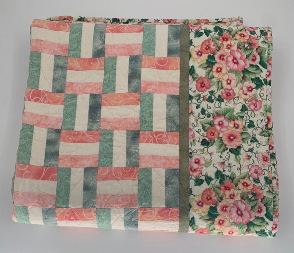 Handcrafted Patchwork Quilt Floral Rail Fence Pink Green Cottagecore Throw Lap